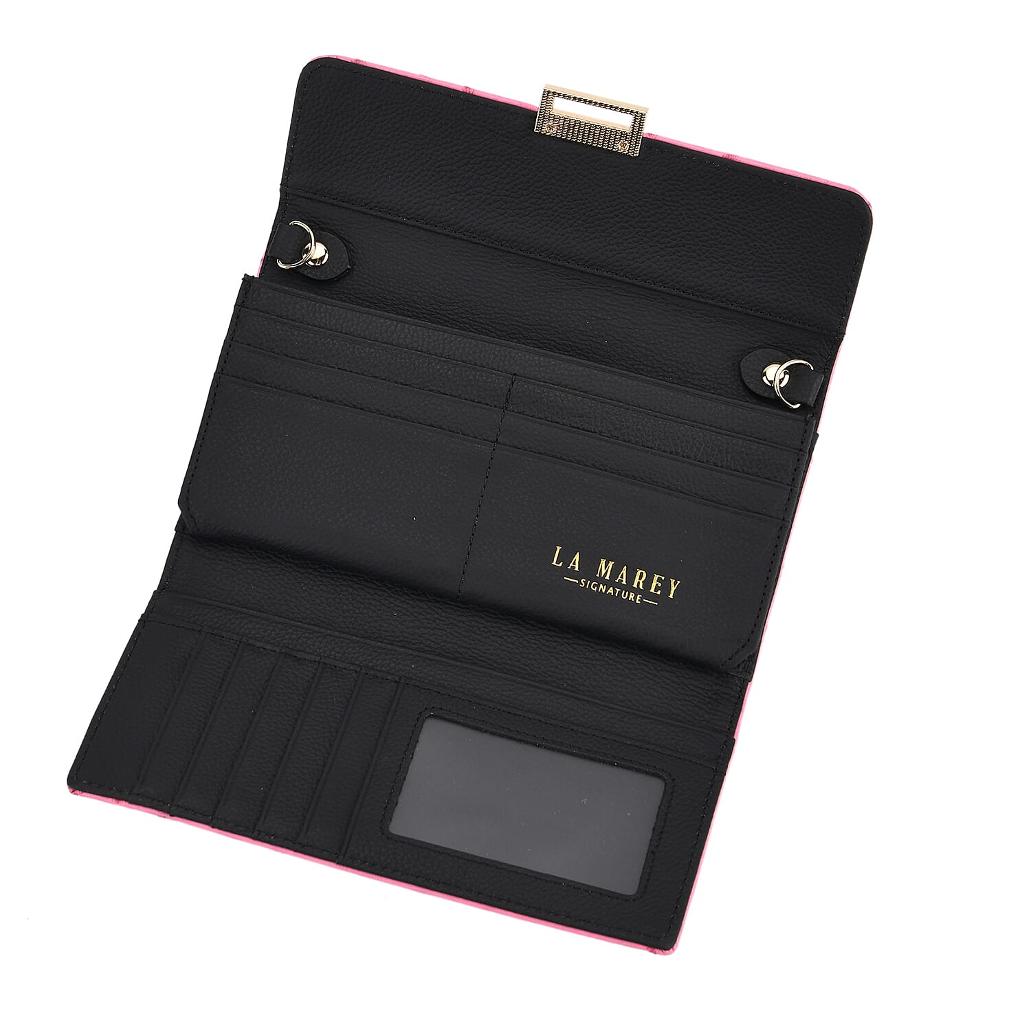 La Marey Signature Genuine Leather Sling Wallet with Built-in RFID with Chain Strap (120 cm) - Rose Pink