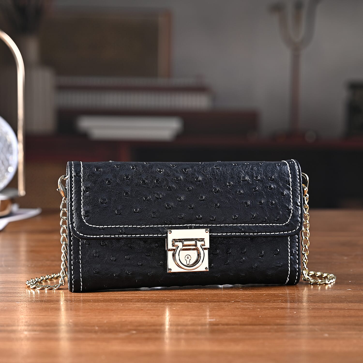 La Marey Signature Genuine Leather Sling Wallet with Built-in RFID with Chain Strap (120 cm) - Black