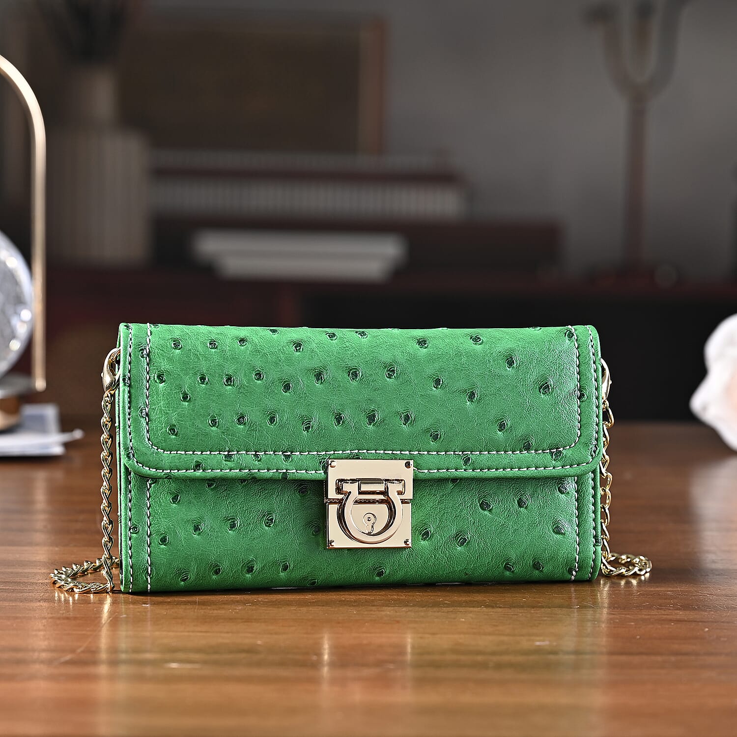 La Marey Signature Genuine Leather Sling Wallet with Built-in RFID with Chain Strap (120 cm) - Light Green