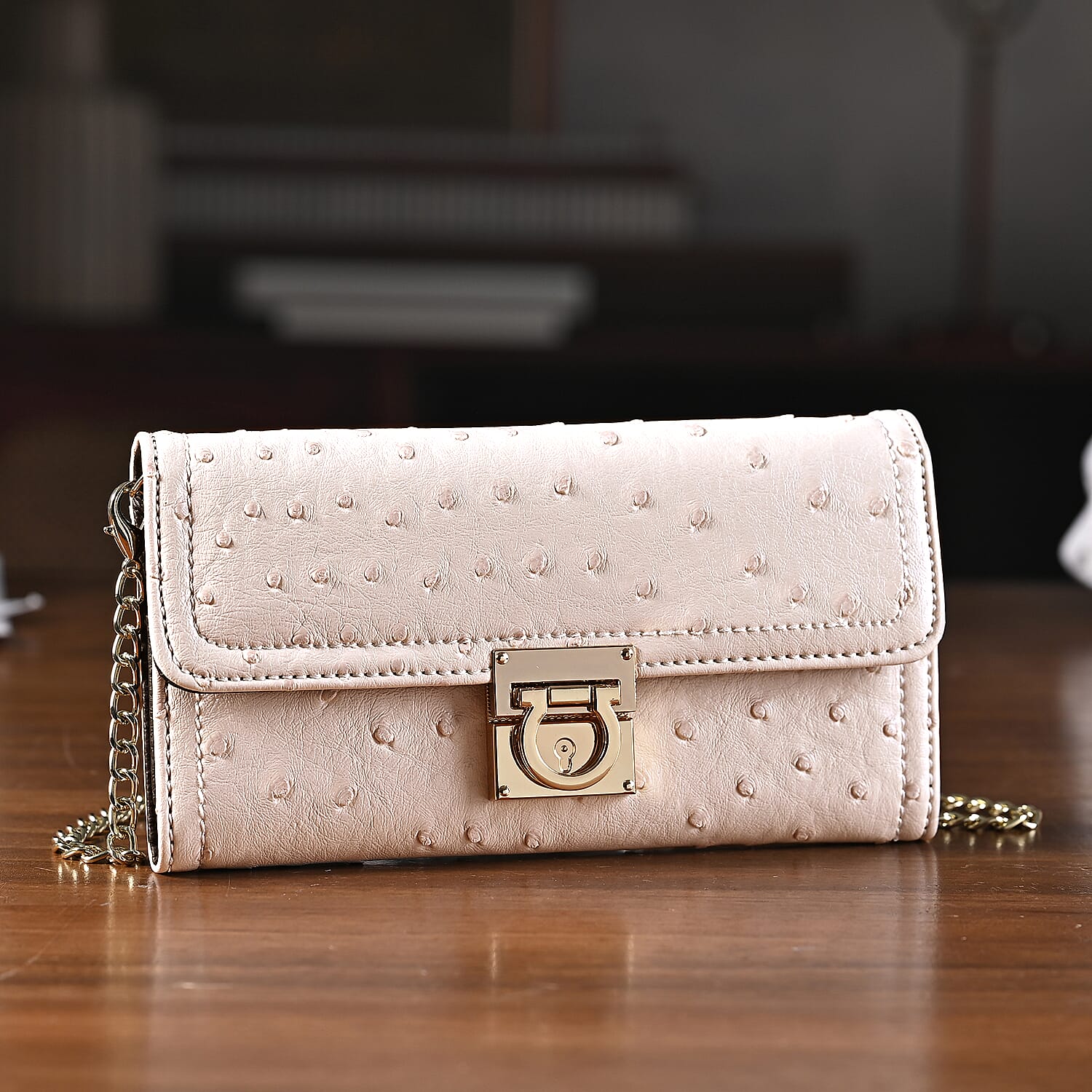 La Marey Signature Genuine Leather Sling Wallet with Built-in RFID with Chain Strap (120 cm) - Cream