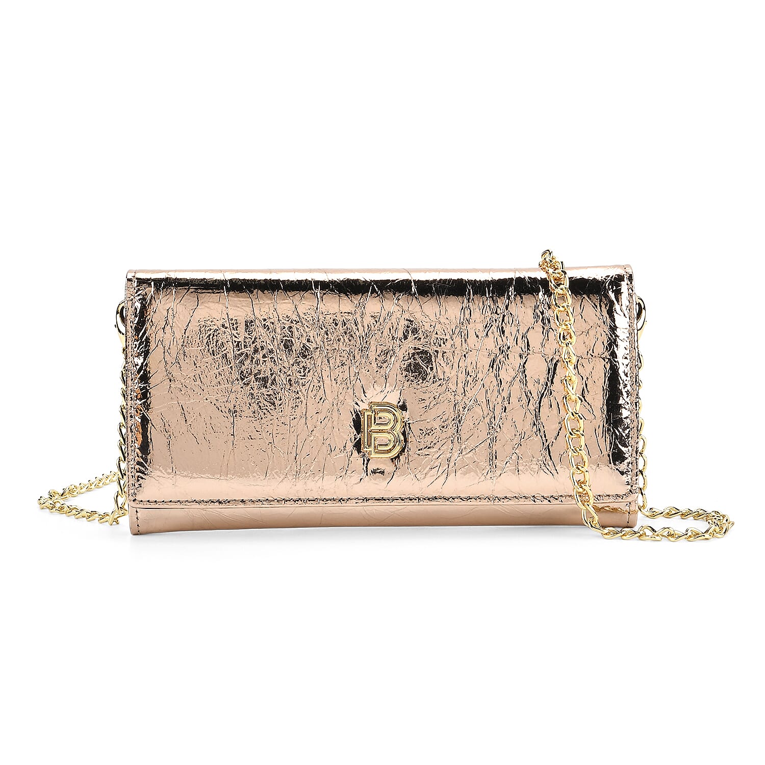 La Marey Signature Genuine Leather B Letterpress Clutch Bag with Long Chain - Metalic Rose Gold
