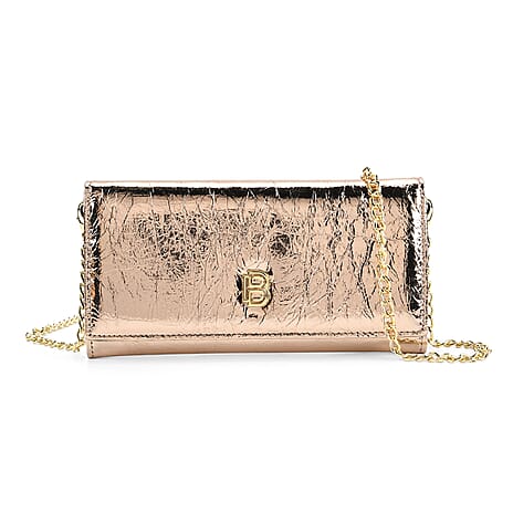 La Marey Signature Genuine Leather B Letterpress Clutch Bag with Long Chain - Metalic Rose Gold