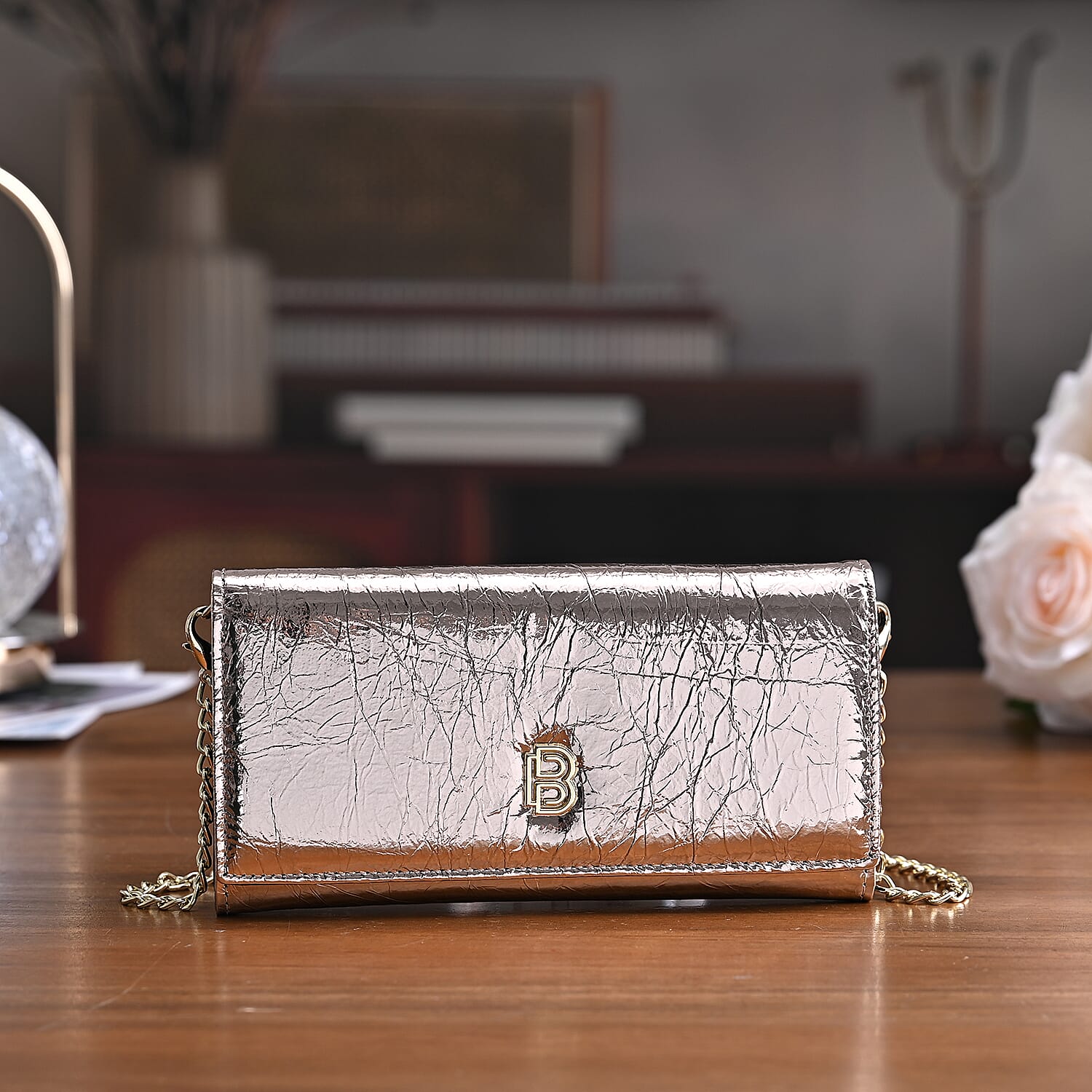 La Marey Signature Genuine Leather B Letterpress Clutch Bag with Long Chain - Metalic Rose Gold