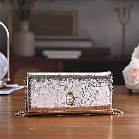 La Marey Signature Genuine Leather B Letterpress Clutch Bag with Long Chain - Metalic Rose Gold