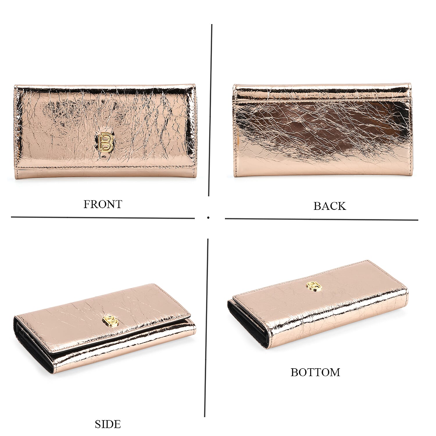 La Marey Signature Genuine Leather B Letterpress Clutch Bag with Long Chain - Metalic Rose Gold