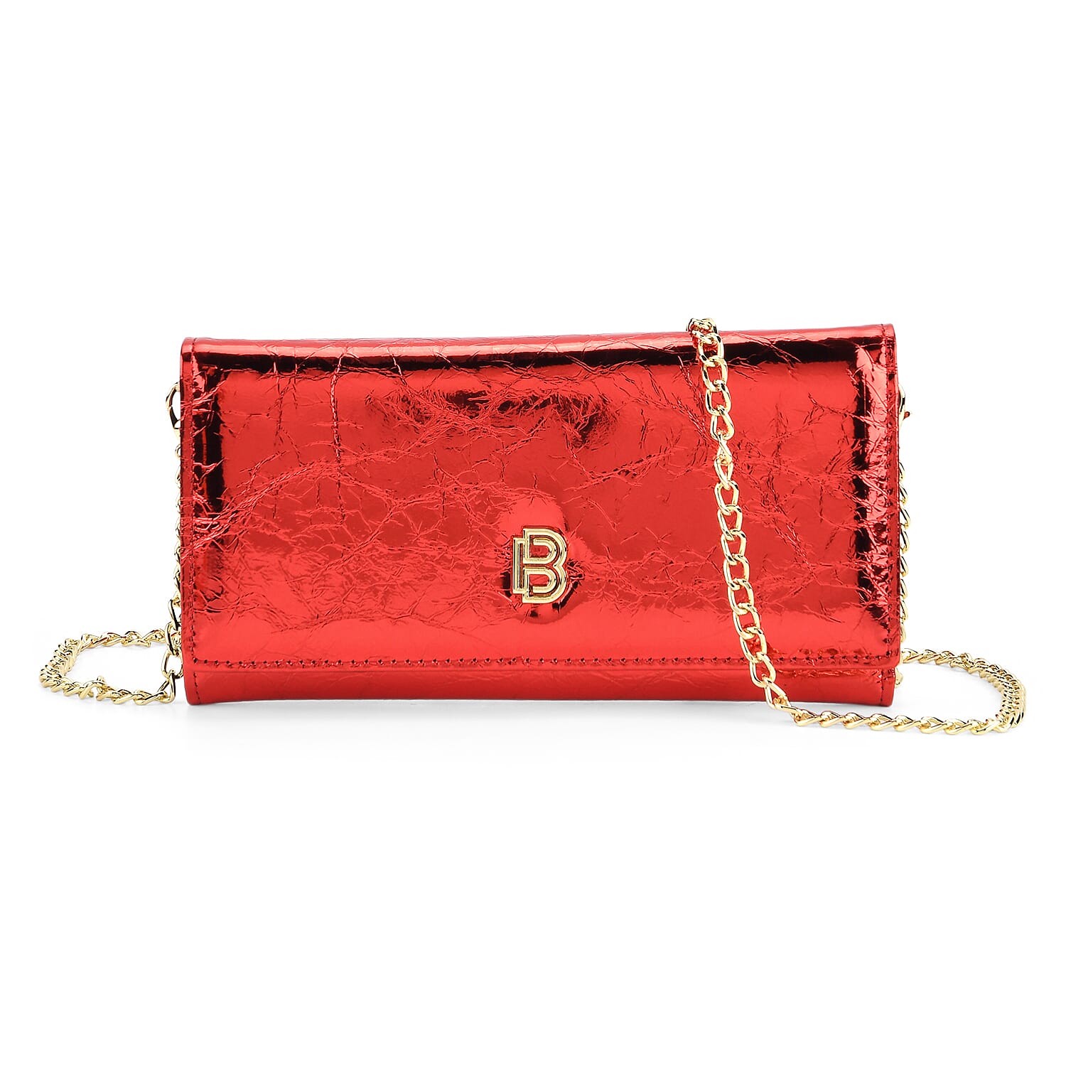 La Marey Signature Genuine Leather B Letterpress Clutch Bag with Long Chain - Red