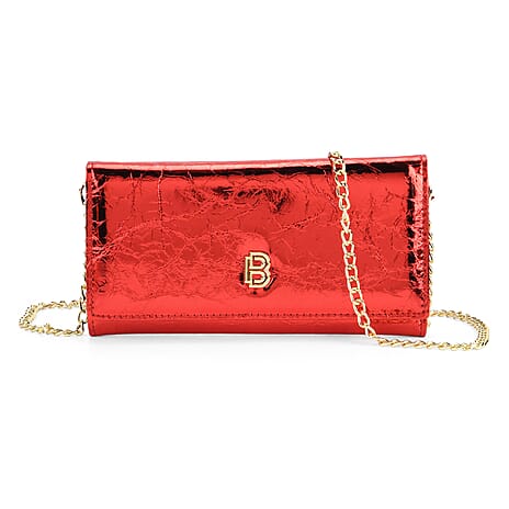 La Marey Signature Genuine Leather B Letterpress Clutch Bag with Long Chain - Red