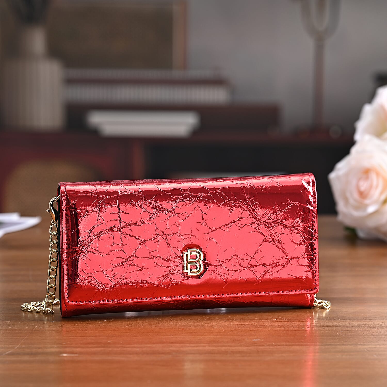 La Marey Signature Genuine Leather B Letterpress Clutch Bag with Long Chain - Red