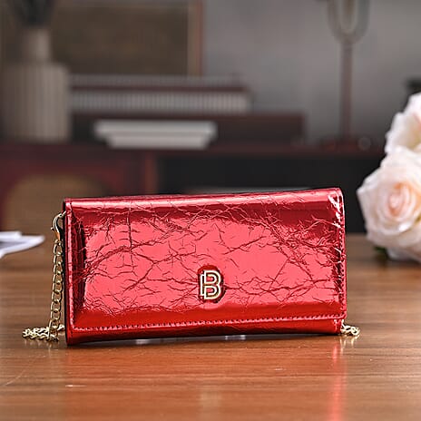 La Marey Signature Genuine Leather B Letterpress Clutch Bag with Long Chain - Red