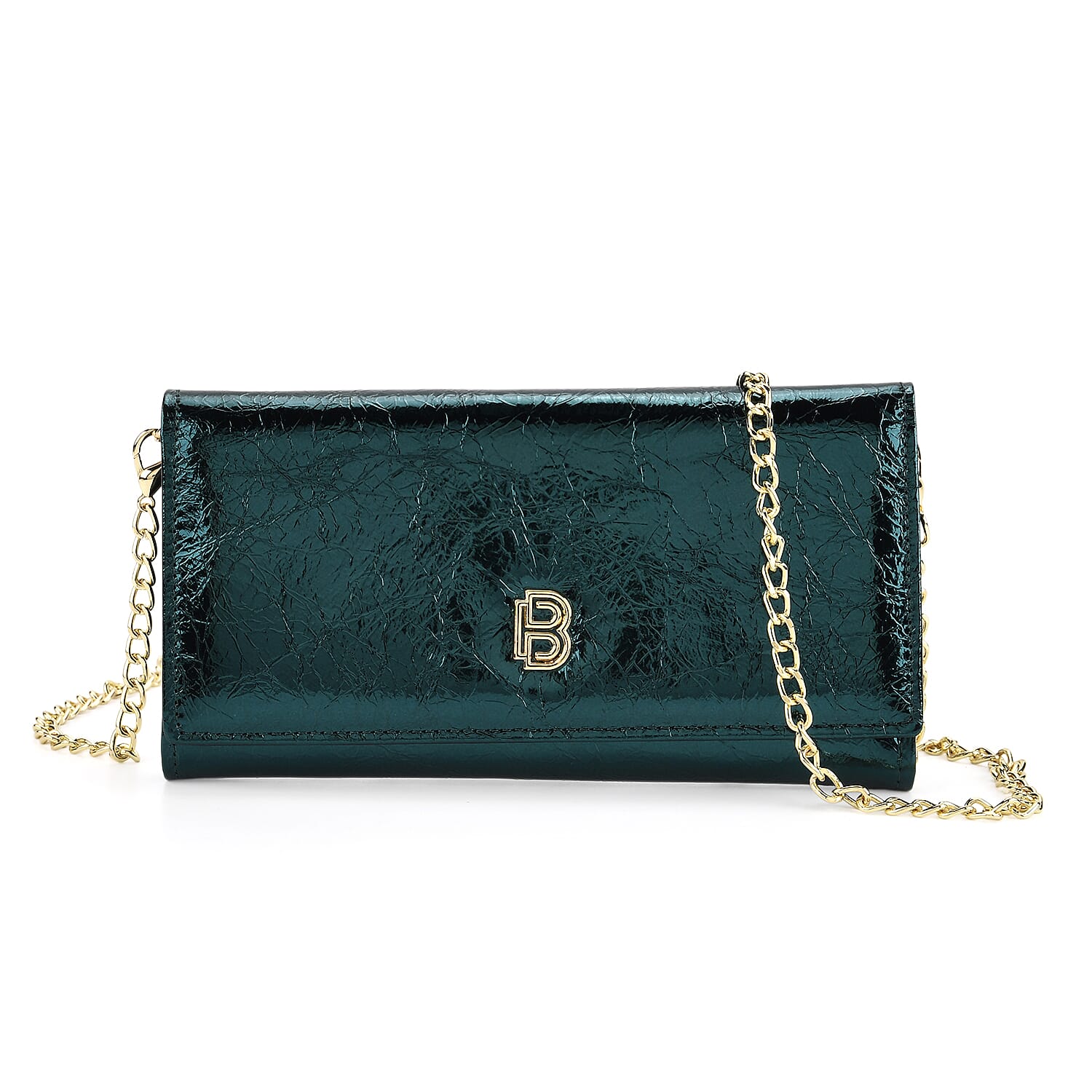 La Marey Signature Genuine Leather B Letterpress Clutch Bag with Long Chain - Metalic Dark Teal