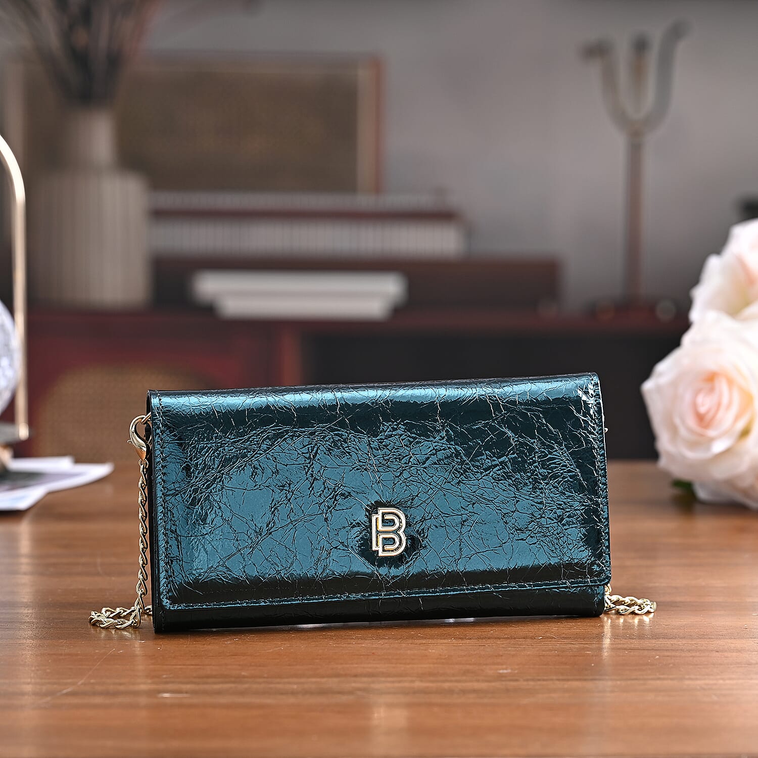 La Marey Signature Genuine Leather B Letterpress Clutch Bag with Long Chain - Metalic Dark Teal