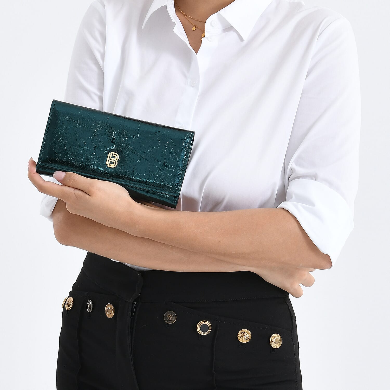 La Marey Signature Genuine Leather B Letterpress Clutch Bag with Long Chain - Metalic Dark Teal