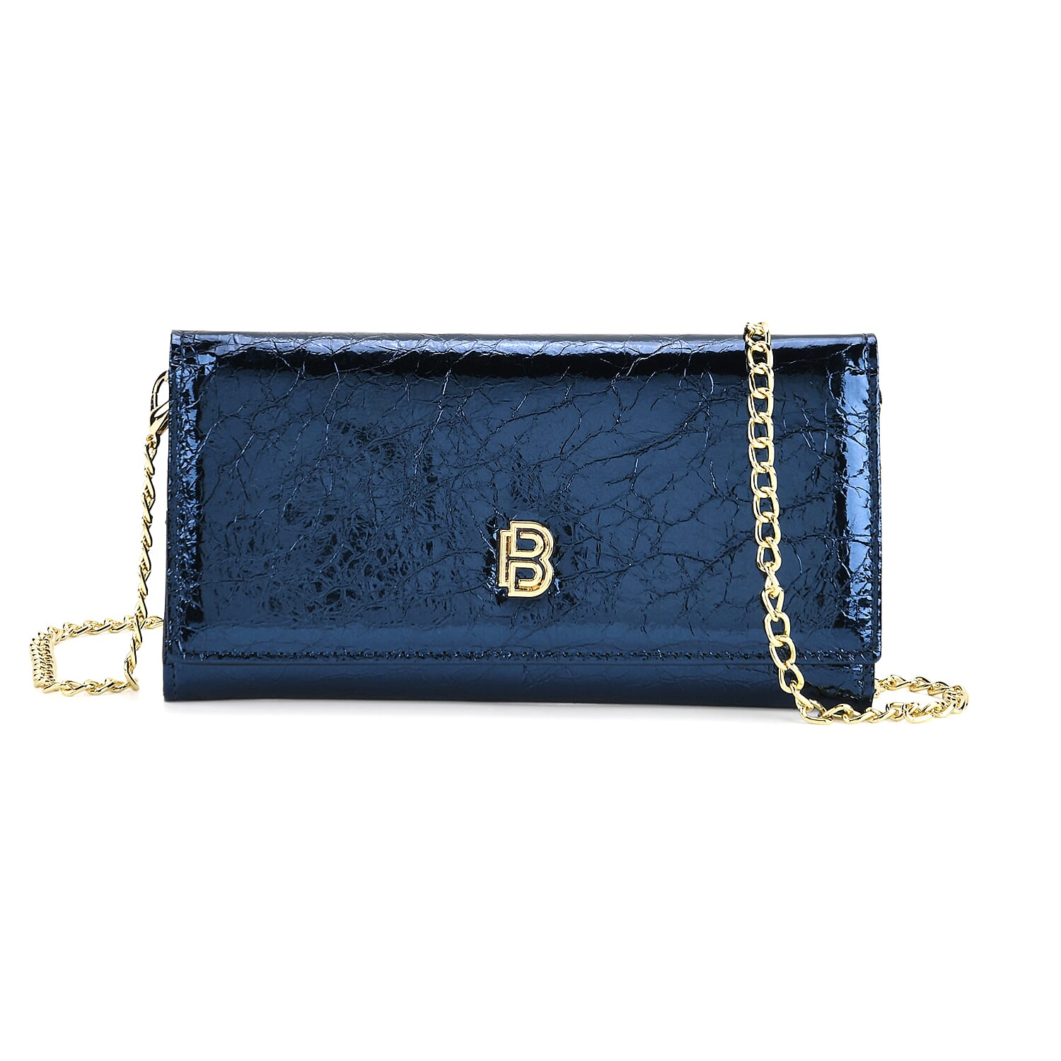 La Marey Signature Genuine Leather B Letterpress Clutch Bag with Long Chain - Blue