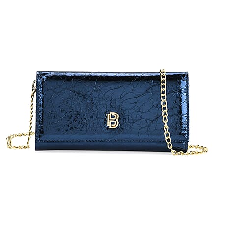 La Marey Signature Genuine Leather B Letterpress Clutch Bag with Long Chain - Blue