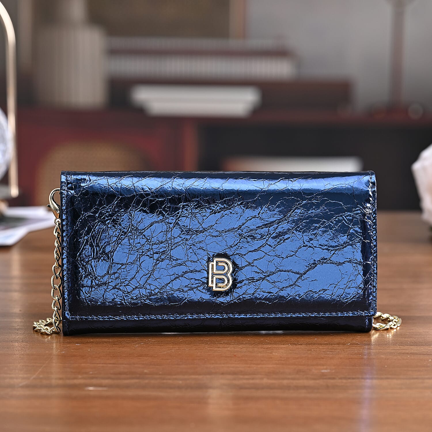 La Marey Signature Genuine Leather B Letterpress Clutch Bag with Long Chain - Blue