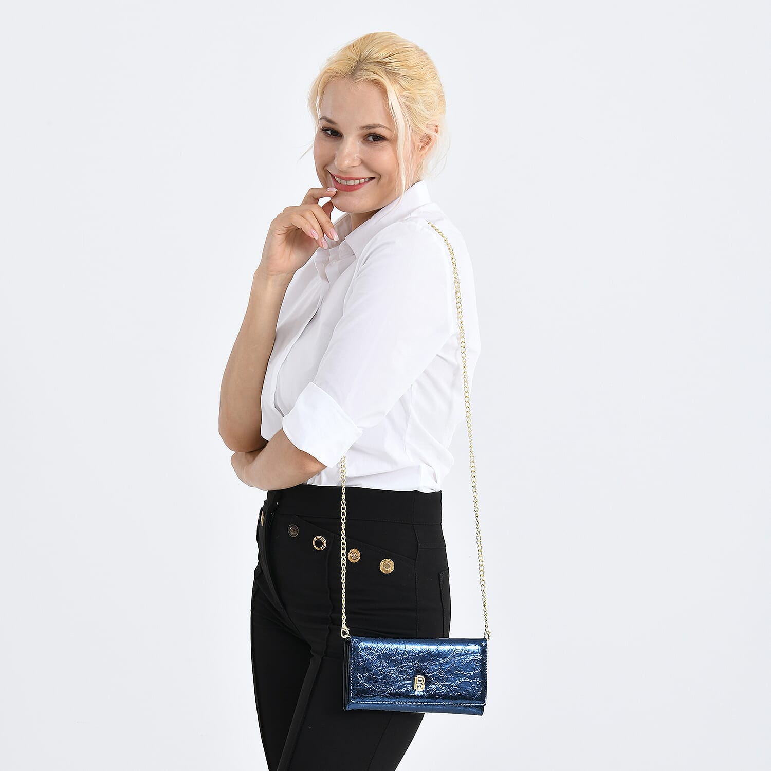 La Marey Signature Genuine Leather B Letterpress Clutch Bag with Long Chain - Blue