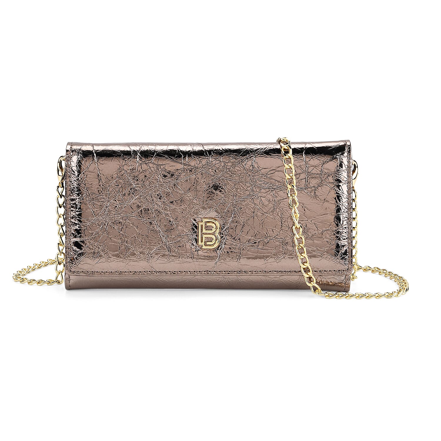 La Marey Signature Genuine Leather B Letterpress Clutch Bag with Long Chain - Metalic Bronze