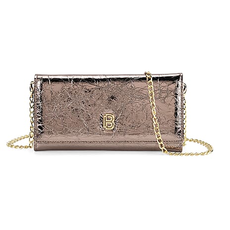 La Marey Signature Genuine Leather B Letterpress Clutch Bag with Long Chain - Metalic Bronze