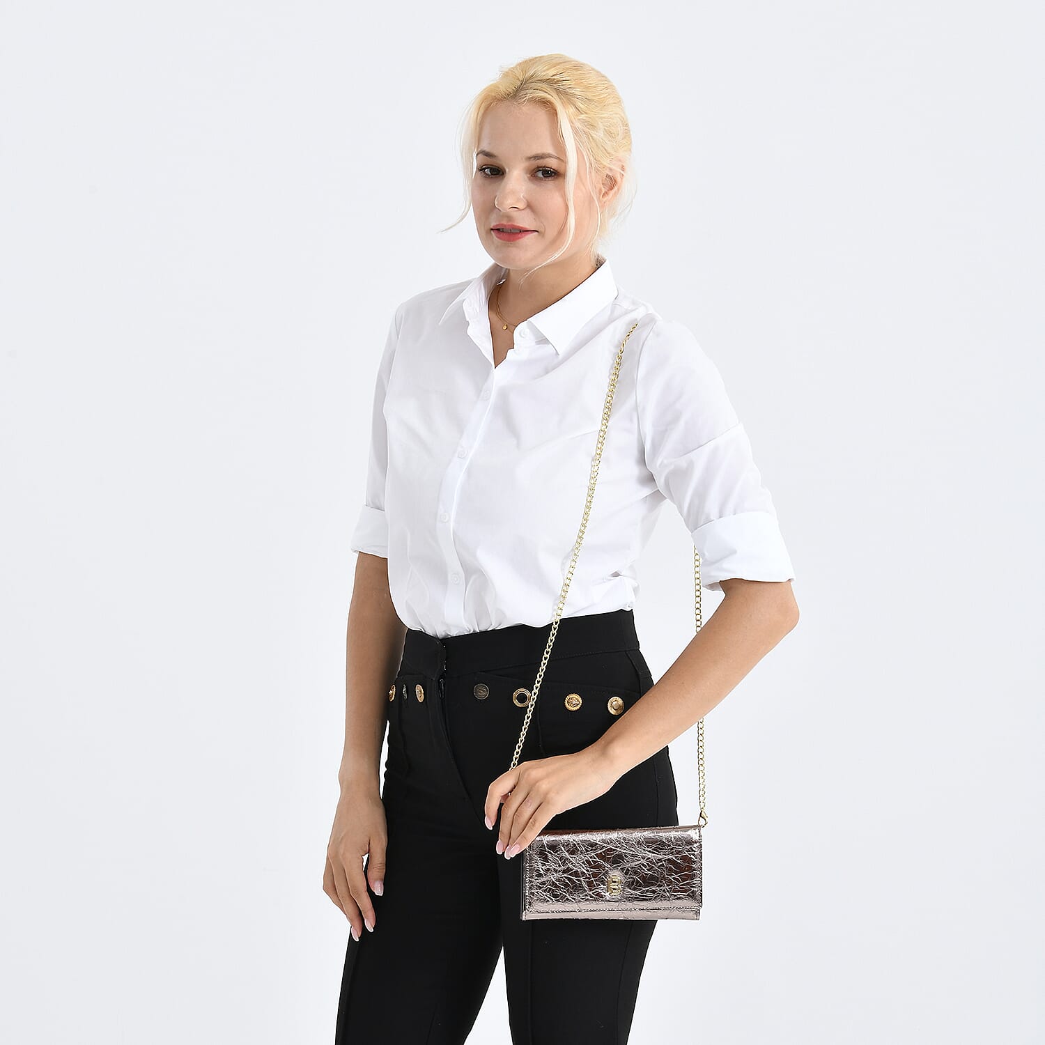 La Marey Signature Genuine Leather B Letterpress Clutch Bag with Long Chain - Metalic Bronze