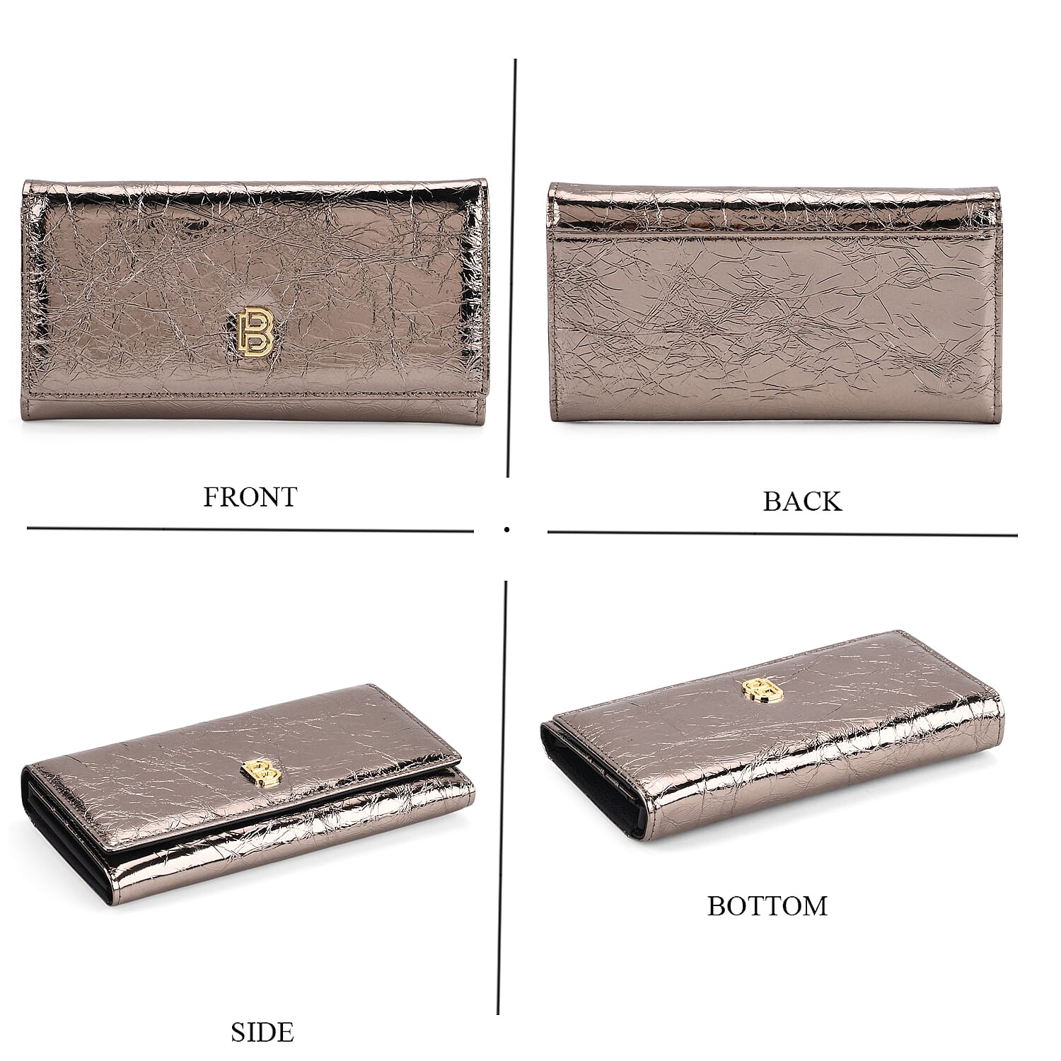 La Marey Signature Genuine Leather B Letterpress Clutch Bag with Long Chain - Metalic Bronze