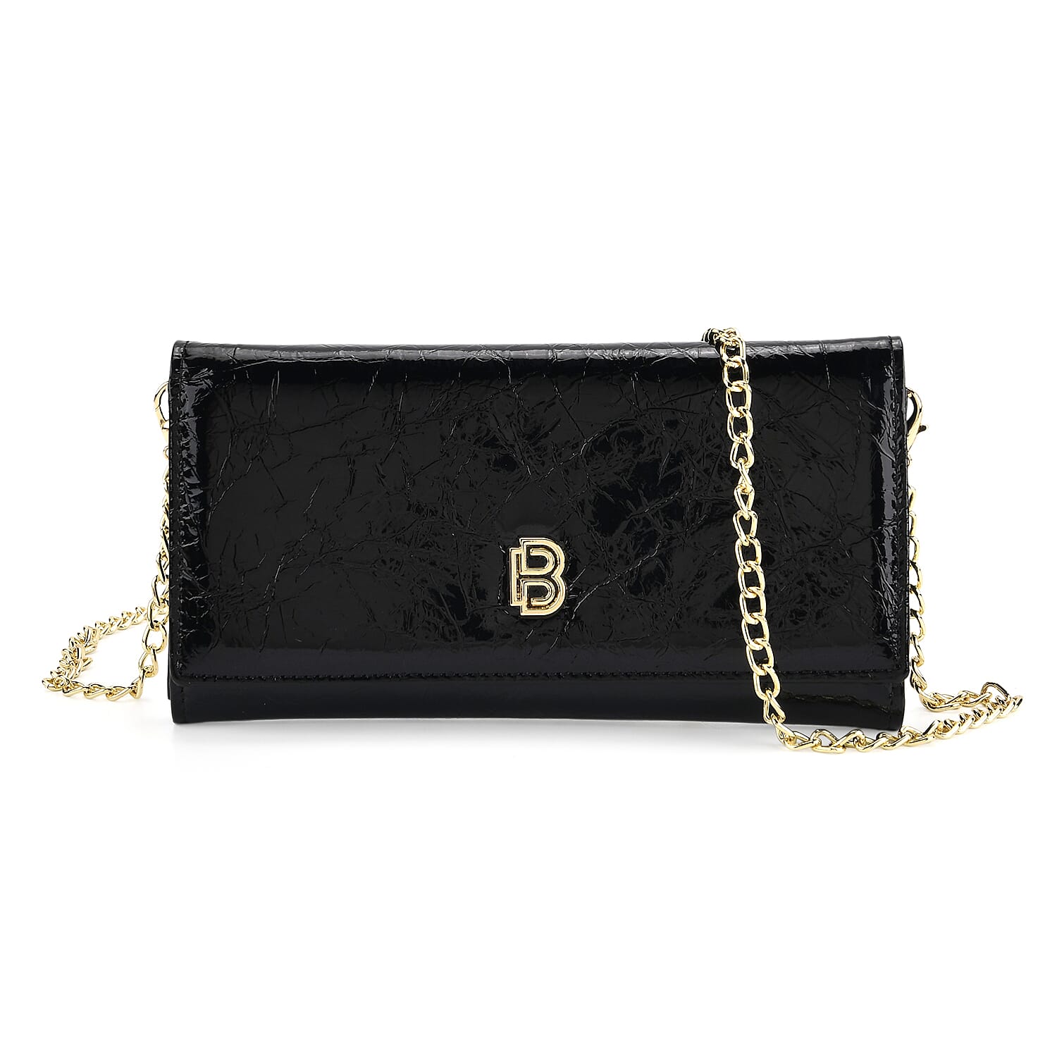 La Marey Signature Genuine Leather B Letterpress Clutch Bag with Long Chain - Black