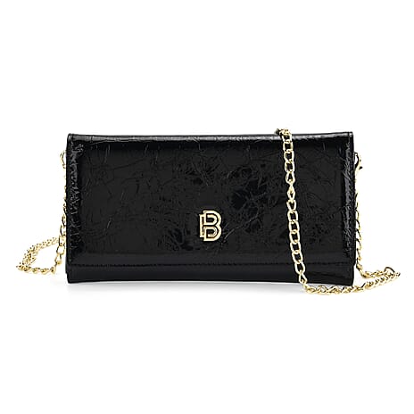 La Marey Signature Genuine Leather B Letterpress Clutch Bag with Long Chain - Black