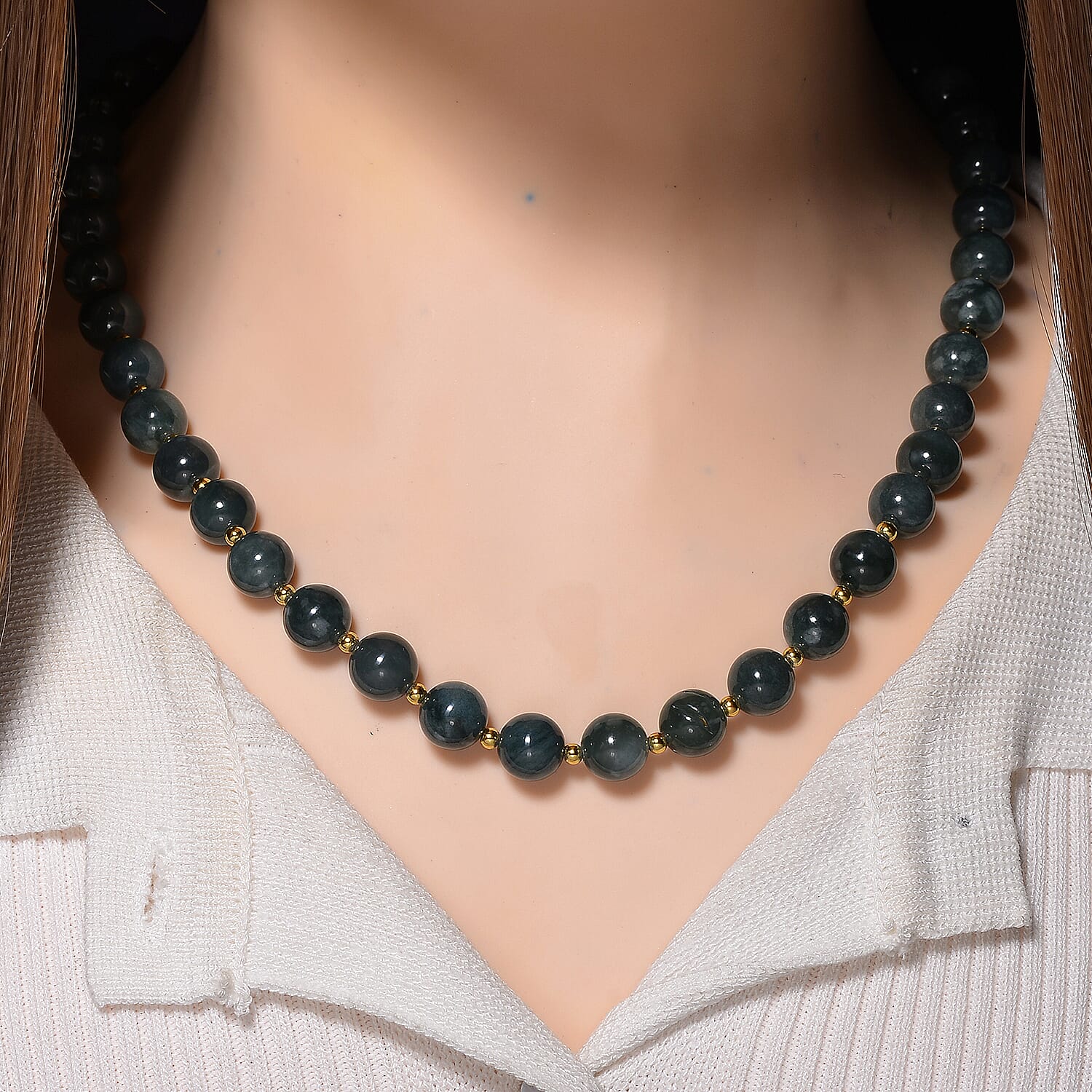 Natural Type A Jadeite Beads Necklace (Size - 30) in Yellow Gold Plating Sterling Silver 500.00 Ct, Silver Wt. 5.00 Gms.