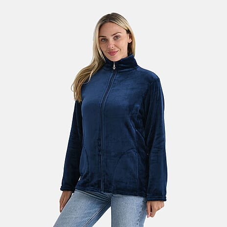 StyledBy Faux Fur Zip Up Jacket with Pockets (Size XL) - Navy