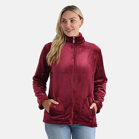 StyledBy Faux Fur Zip Up Jacket with Pockets (Size M) - Red