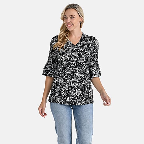 - Maisi Floral Print Frill Quarter Sleeve Top (Size S) - Black - White