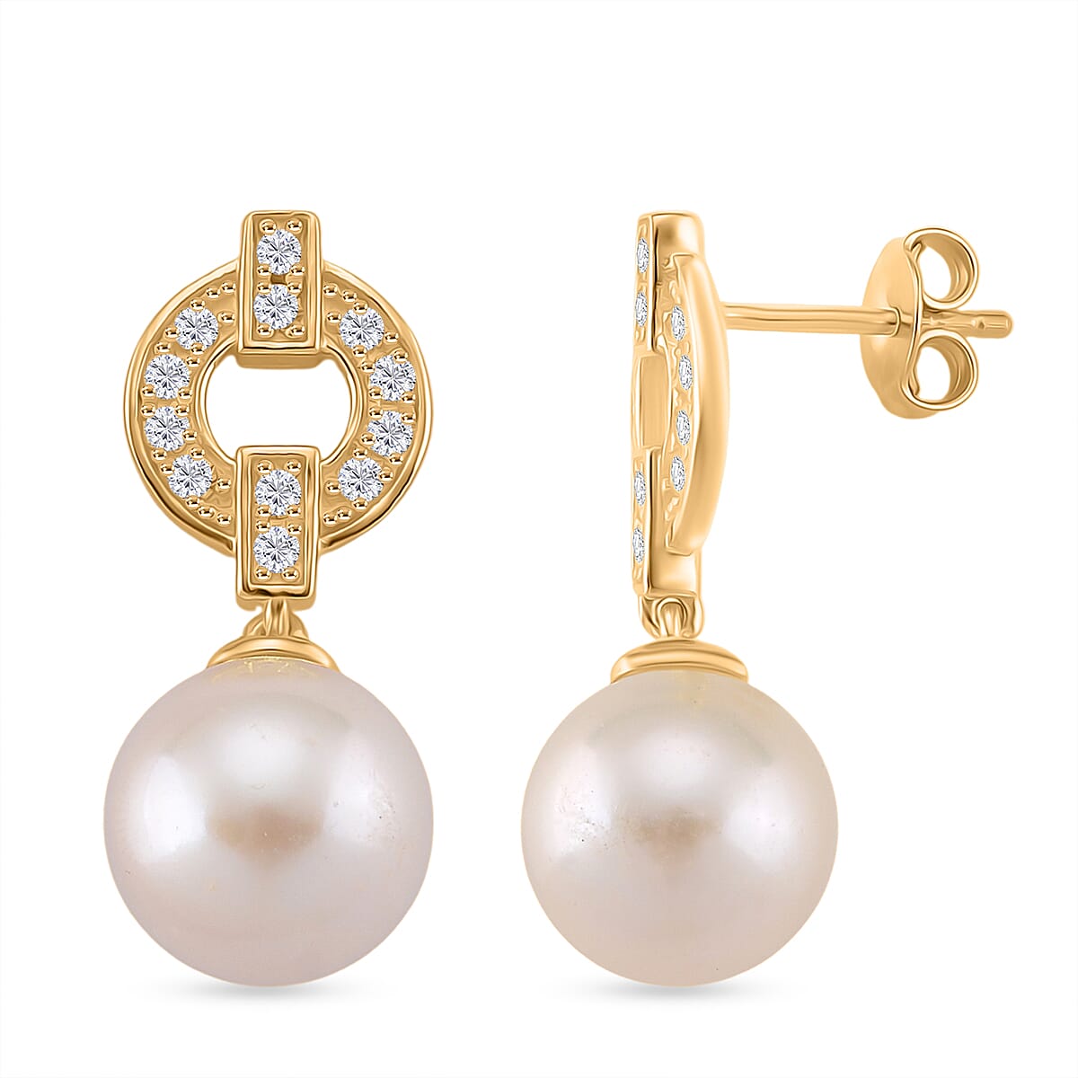 Designer Inspired - White Edison Pearl & Natural Zircon Dangle Earring with Push Back in Yellow Gold  Sterling Silver