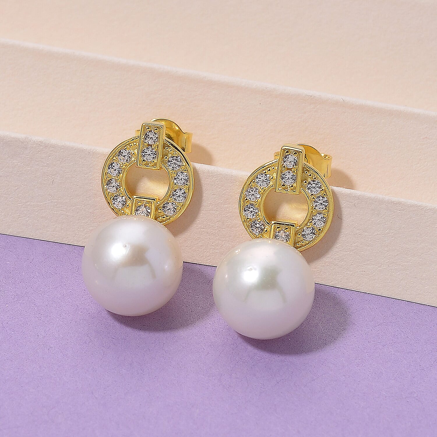 Designer Inspired - White Edison Pearl & Natural Zircon Dangle Earring with Push Back in Yellow Gold  Sterling Silver