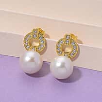 Designer Inspired - White Edison Pearl & Natural Zircon Dangle Earring with Push Back in Yellow Gold  Sterling Silver