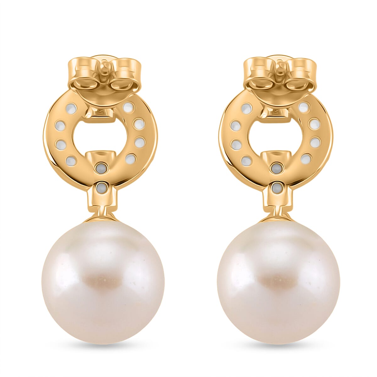 Designer Inspired - White Edison Pearl & Natural Zircon Dangle Earring with Push Back in Yellow Gold  Sterling Silver