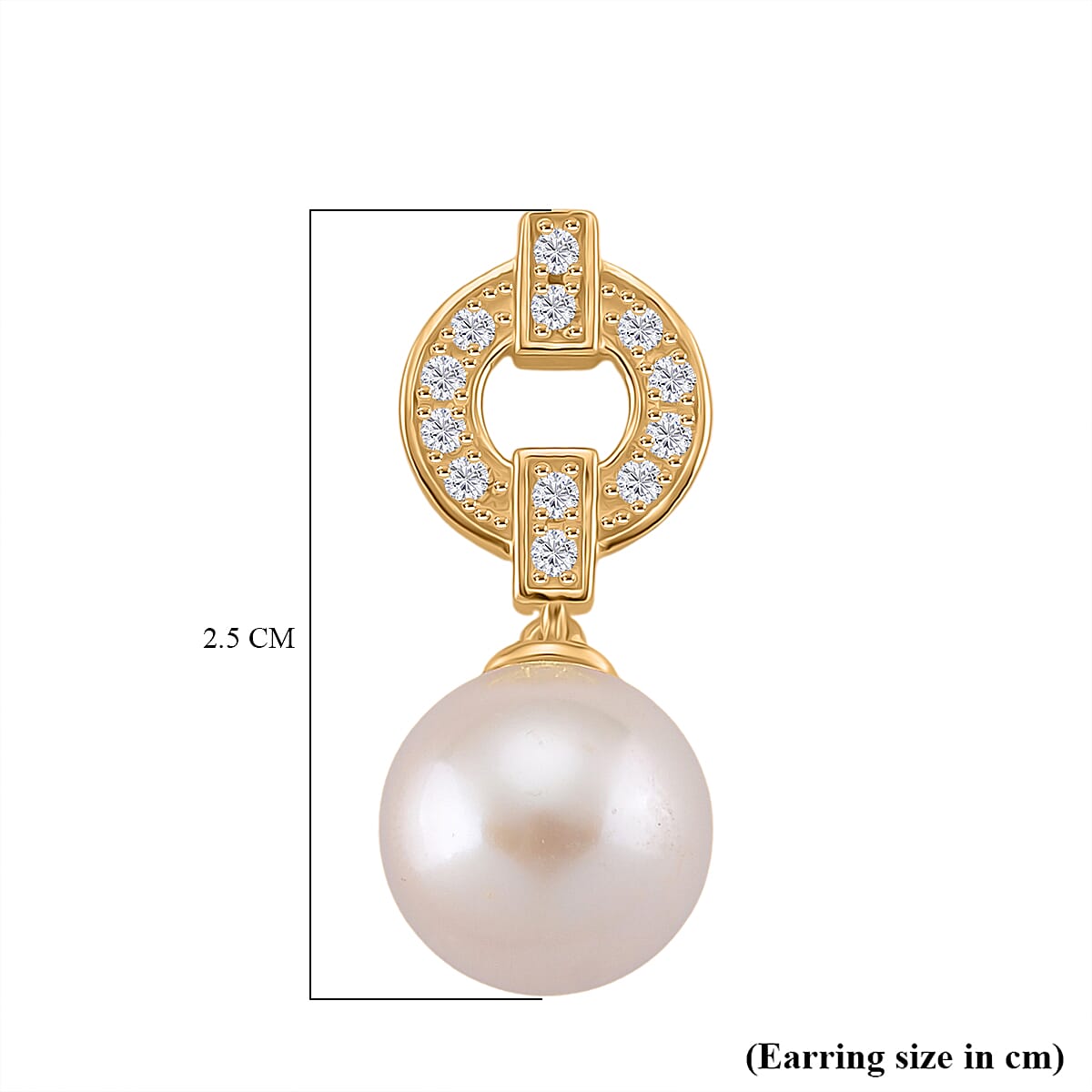 Designer Inspired - White Edison Pearl & Natural Zircon Dangle Earring with Push Back in Yellow Gold  Sterling Silver