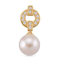 Designer Inspired - White Edison Pearl & Natural Zircon Pendant in Yellow Gold Plated Sterling Silver