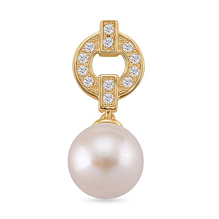 Designer Inspired - White Edison Pearl & Natural Zircon Pendant in Yellow Gold Plated Sterling Silver
