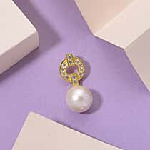 Designer Inspired - White Edison Pearl & Natural Zircon Pendant in Yellow Gold Plated Sterling Silver
