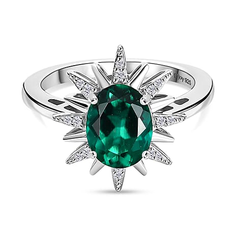 Lab Grown Emerald & White Zircon Ring in Rhodium Overlay Sterling Silver 1.75 Ct.