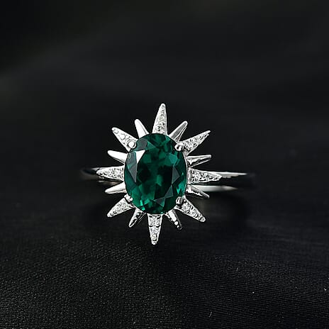 Lab Grown Emerald & White Zircon Ring in Rhodium Overlay Sterling Silver 1.75 Ct.