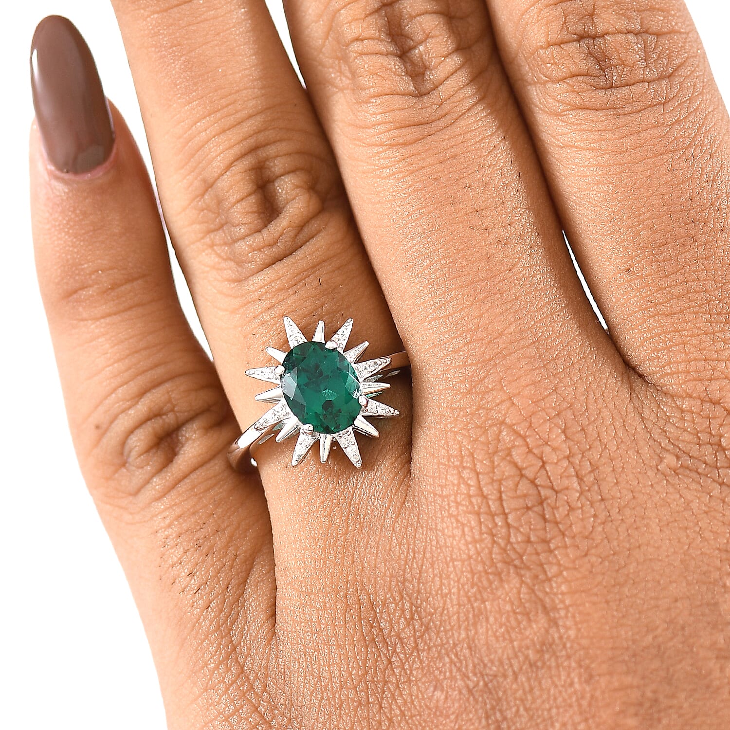 Lab Grown Emerald & White Zircon Ring in Rhodium Overlay Sterling Silver 1.75 Ct.