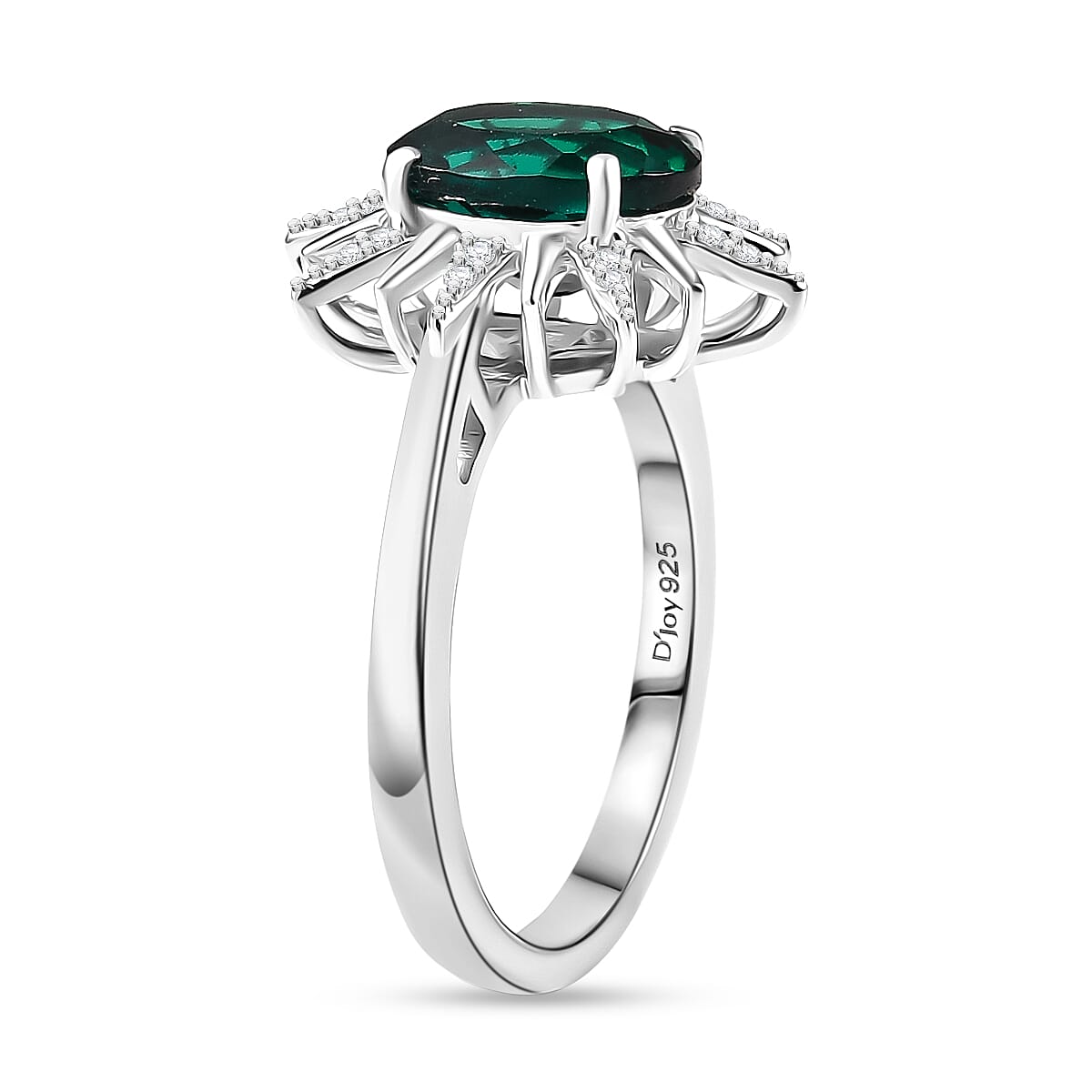Lab Grown Emerald & White Zircon Ring in Rhodium Overlay Sterling Silver 1.75 Ct.
