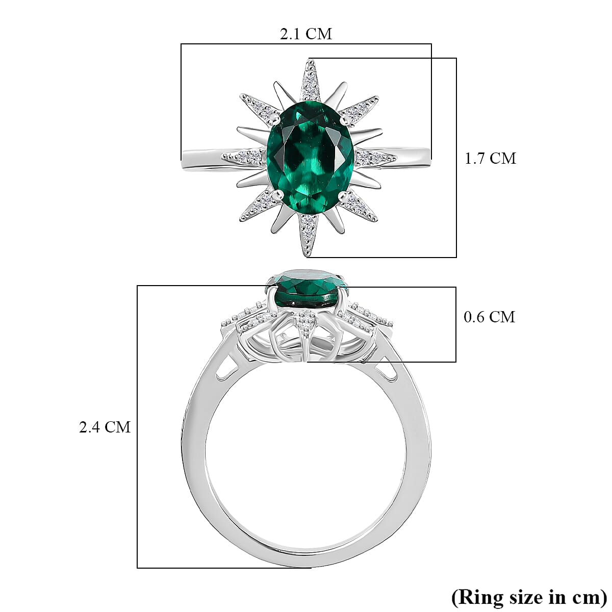 Lab Grown Emerald & White Zircon Ring in Rhodium Overlay Sterling Silver 1.75 Ct.