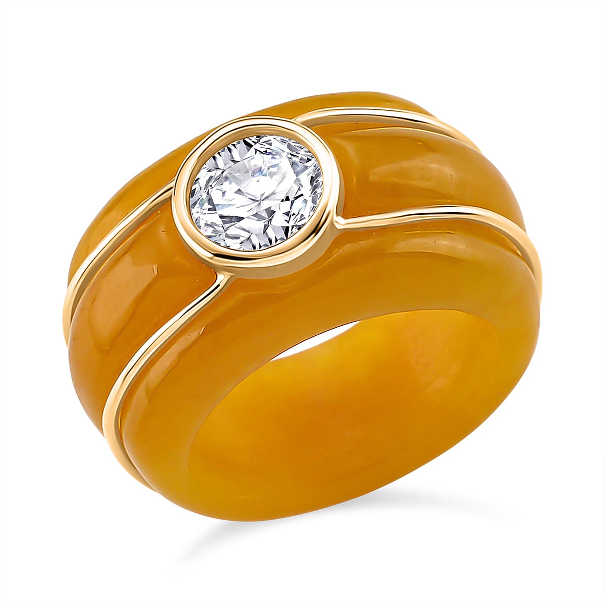 D'Joy Moissanite & Dyed Honey Jade Ring in Yellow Gold Plated Sterling Silver 35.33 Ct.