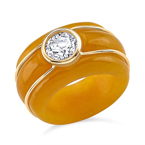 D'Joy Moissanite & Dyed Honey Jade Ring in Yellow Gold Plated Sterling Silver 35.33 Ct.