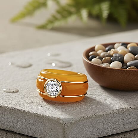 D'Joy Moissanite & Dyed Honey Jade Ring in Yellow Gold Plated Sterling Silver 35.33 Ct.