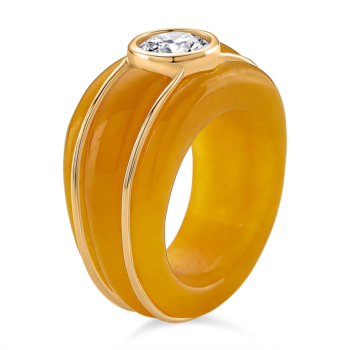 D'Joy Moissanite & Dyed Honey Jade Ring in Yellow Gold Plated Sterling Silver 35.33 Ct.