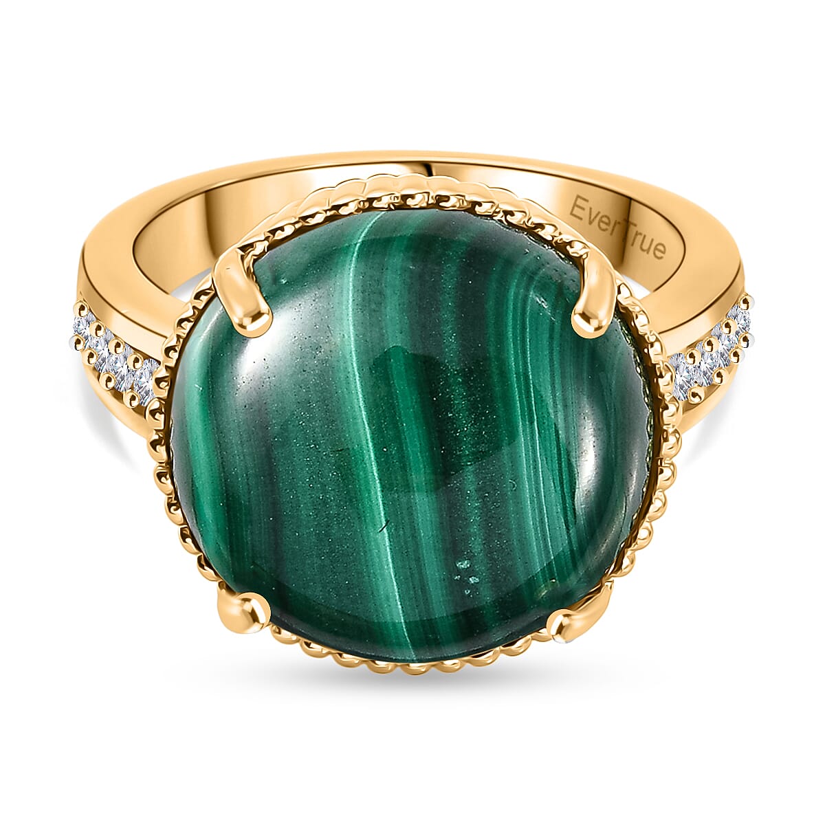 EverTrue Malachite & White Zircon Solitaire Ring in Yellow Gold Tone 12.28 Ct.