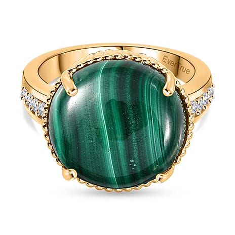 EverTrue Malachite & White Zircon Solitaire Ring in Yellow Gold Tone 12.28 Ct.