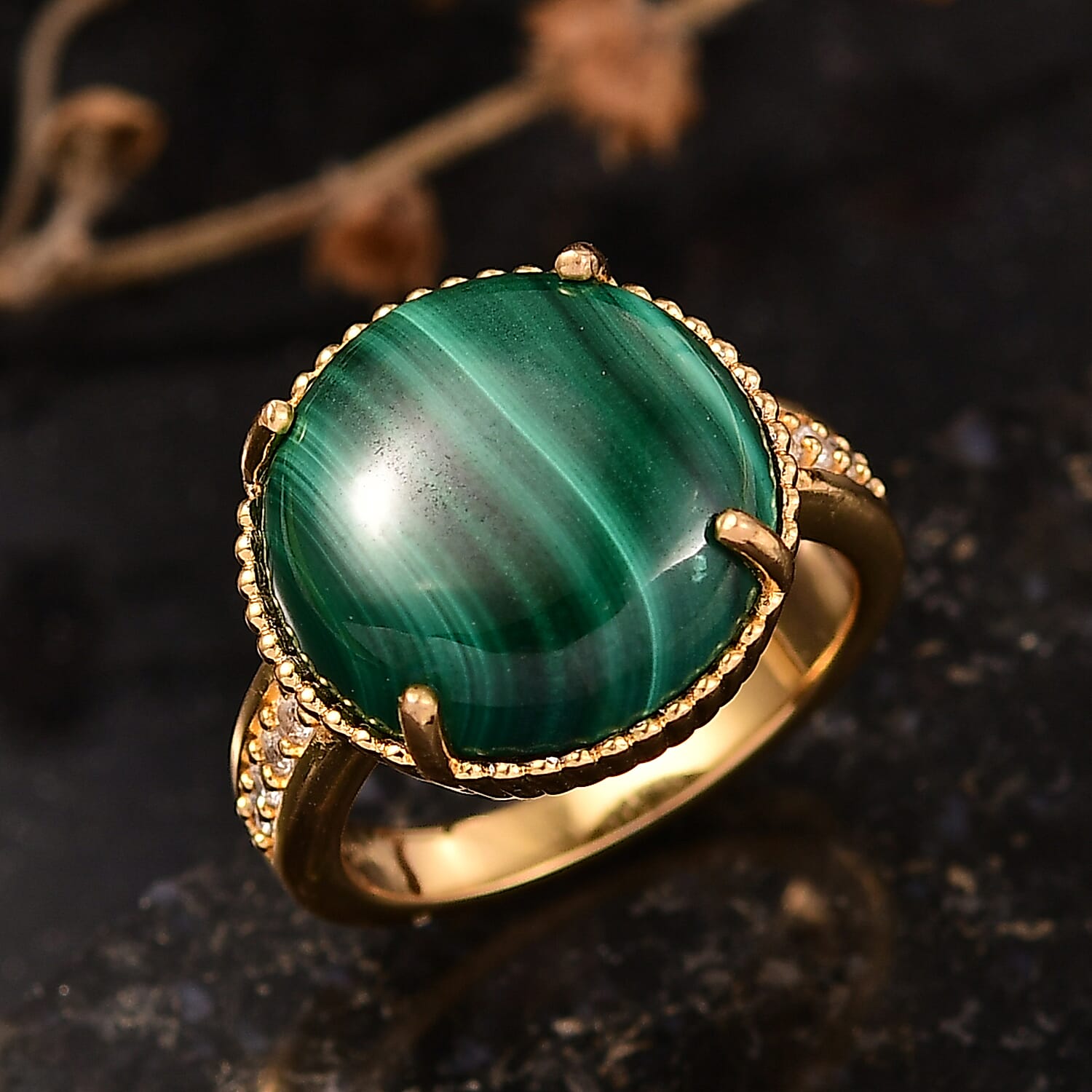 EverTrue Malachite & White Zircon Solitaire Ring in Yellow Gold Tone 12.28 Ct.